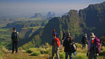 A group of trekkers take in the stunning Simien Mountains, Ethiopia