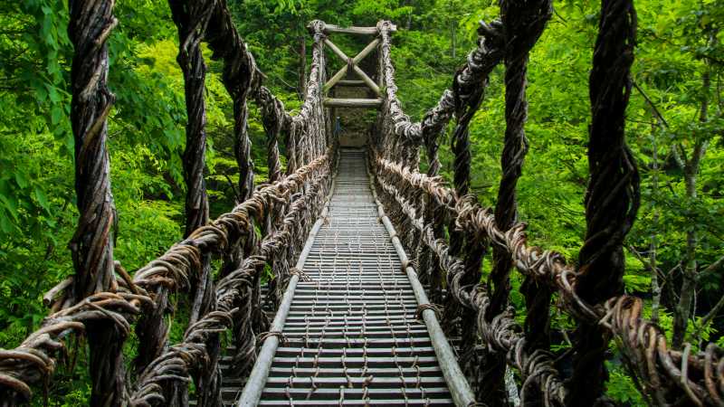 A rope bridge connecting 2 hilltops along the Shikoku Pilgrim Hike