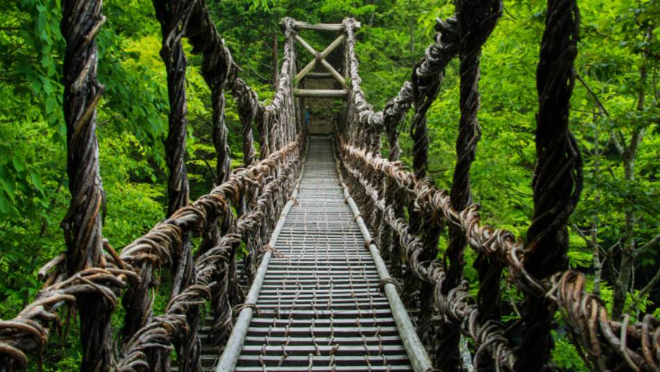 A rope bridge connecting 2 hilltops along the Shikoku Pilgrim Hike