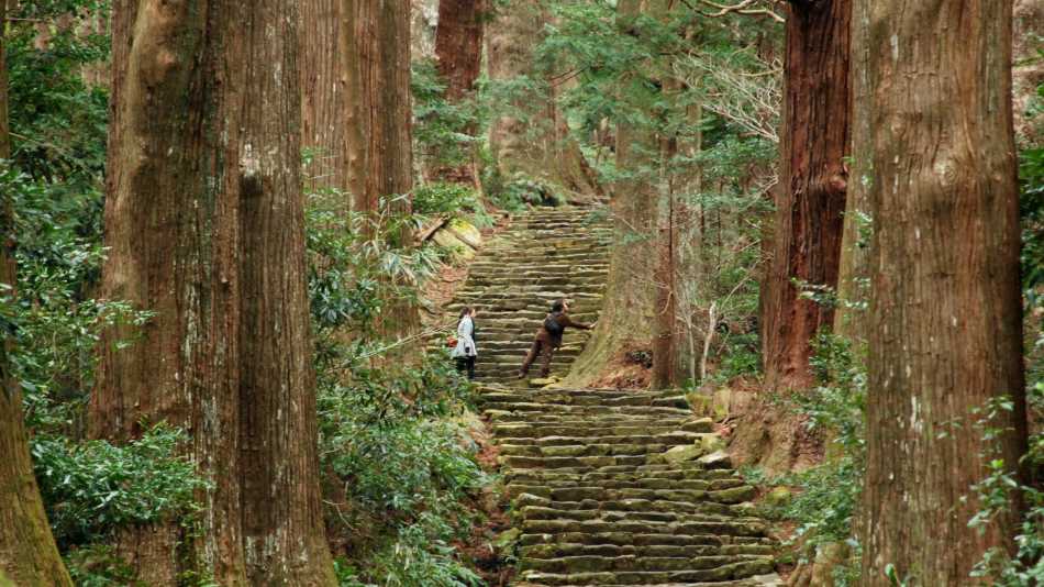 Hikers on the cobble lined Nakahechi route