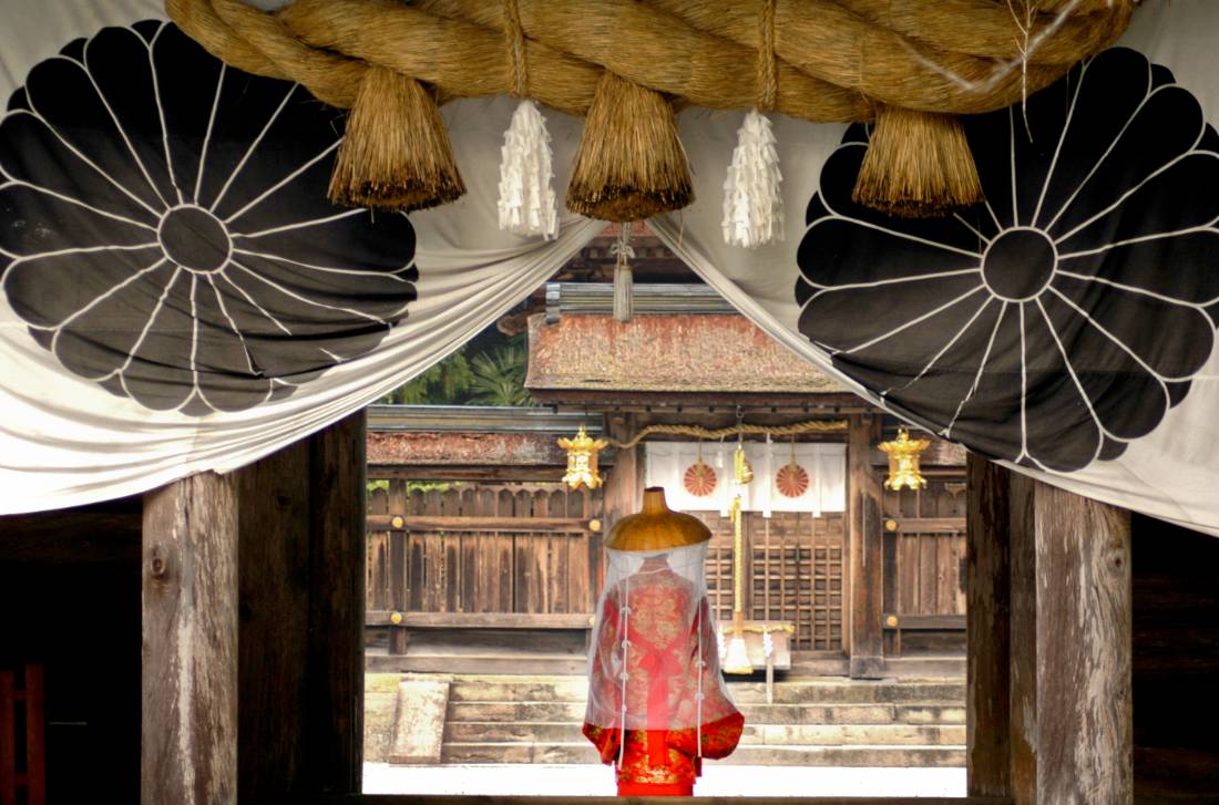 A kimono clad pilgrim at Kumano Hongu Taisha