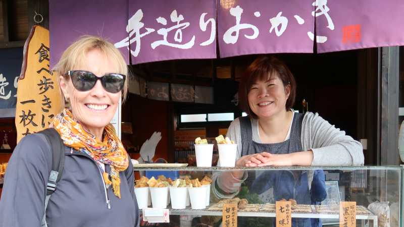 Trying "osenbe" rice crackers in Magome, Japan | Janelle Williams