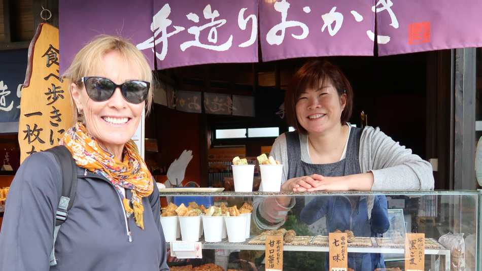 Trying "osenbe" rice crackers in Magome, Japan | Janelle Williams