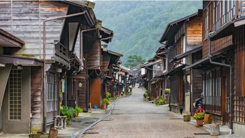 Traditional wooden houses line the Nakasendo Way