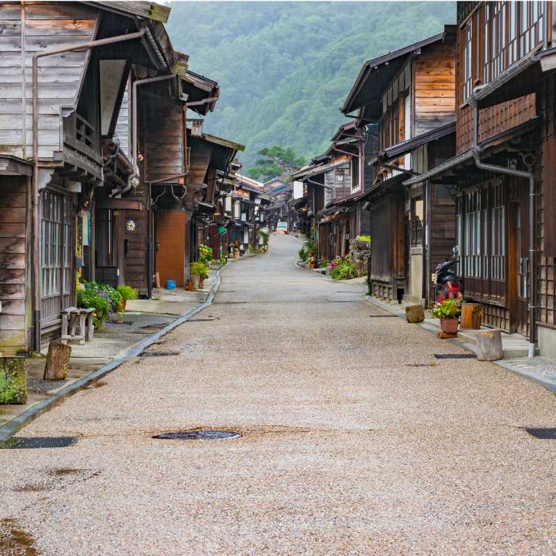 Traditional wooden houses line the Nakasendo Way