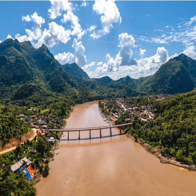 A view of Nong Khiaw on the banks of the Nam Ou River, Laos.