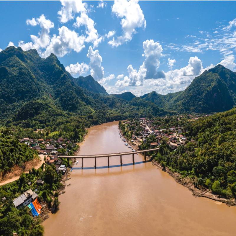 A view of Nong Khiaw on the banks of the Nam Ou River, Laos.