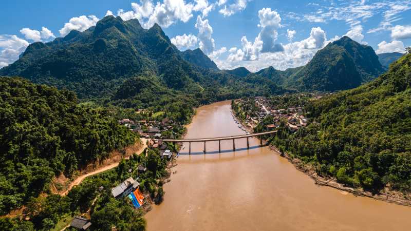 A view of Nong Khiaw on the banks of the Nam Ou River, Laos.