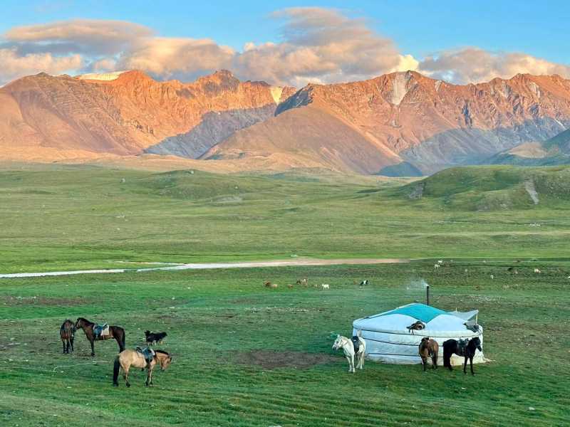 Golden hour on the steppe at camp