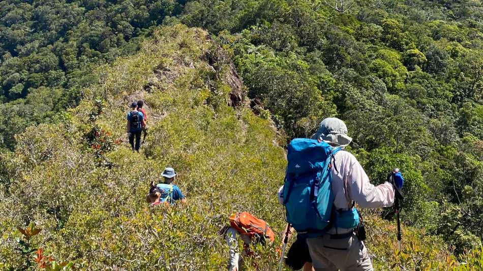 Trekkers descend a ridgeline on a remote section of track
