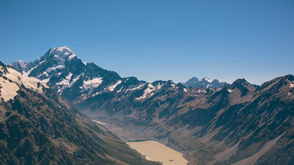 Views overlooking Aoraki Mt Cook, Hooker Lake and Hooker Glacier from the Mueller Ridge