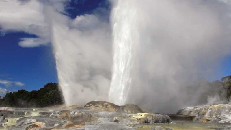 Pohutu geyser erupts at Whakarewarewa Thermal Valley in Rotorua