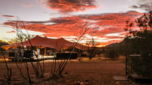 Sunset over our semi-permanent eco-camp on the Larapinta Trail | #cathyfinchphotography