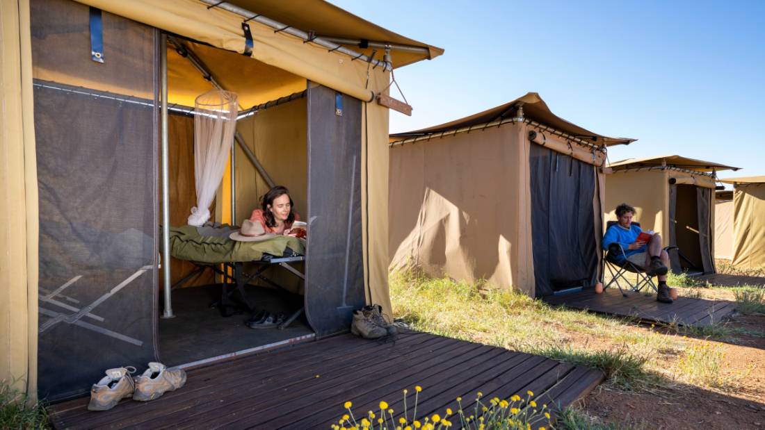 Relaxing at our exclusive eco-comfort camps on the Larapinta |  <i>Shaana McNaught</i>