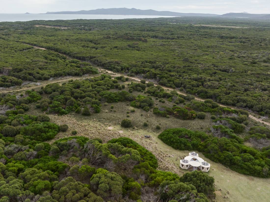 Aerial view of our Eco-Comfort Camp communal tent near Marshall Bay