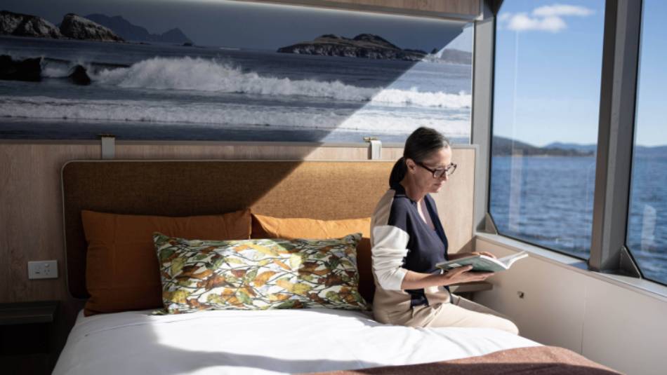 The Coastal Cabins on board Expedition vessel Odalisque reflect the colours of Tasmania's east coast
