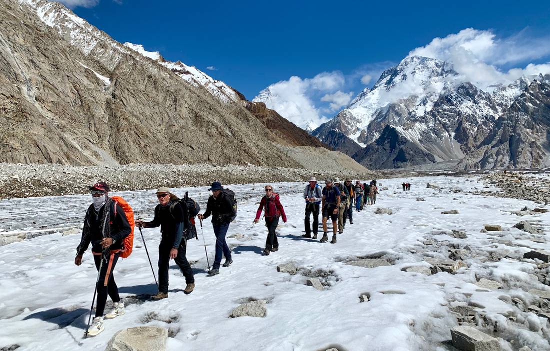 Ascending the Vigne Glacier with Broad Peak and K2 in background