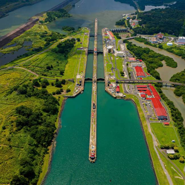 An aerial view of the famous Panama Canal