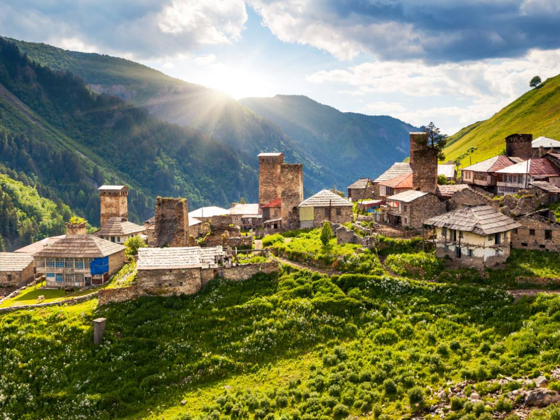 Ushguli, a community of four villages located at the head of the Enguri gorge in Svaneti, Georgia.