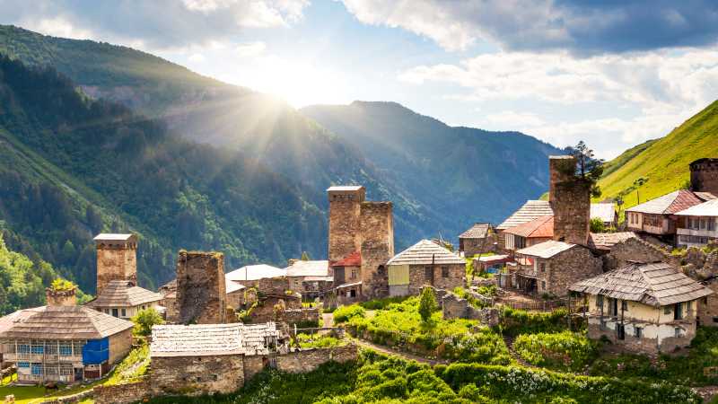 Ushguli, a community of four villages located at the head of the Enguri gorge in Svaneti, Georgia.