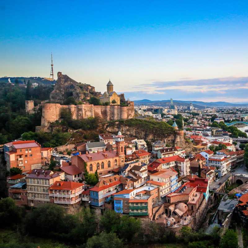 The 17th century Narikala Fortress overlooks the eclectic architecture of Tbilisi's Old Town.
