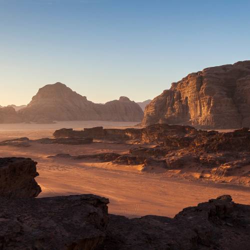 Wadi Rum's desert landscape at sunrise