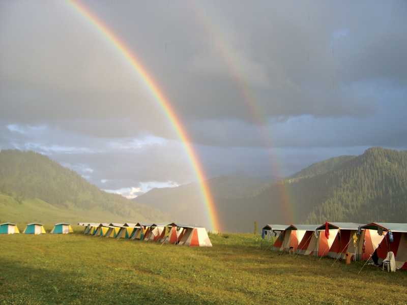 Beautiful afternoon rainbow at camp in Kazakhstan