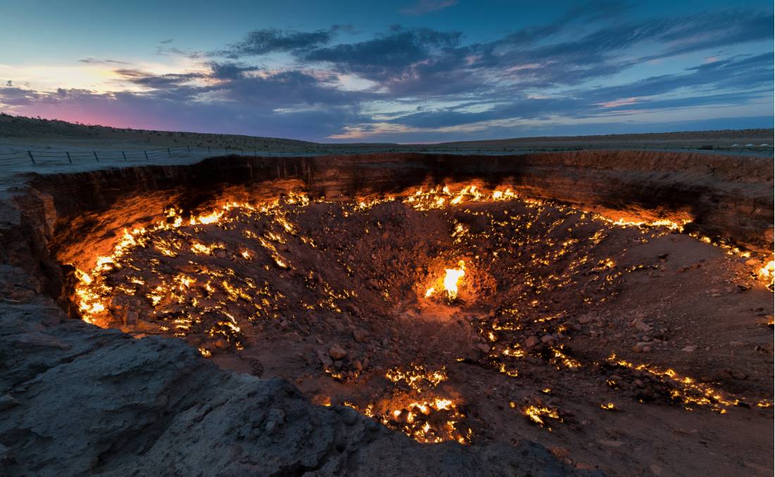 Turkmenistan's Darvaza Gas Crater, also known as the 'Door to Hell', at sunset |  <i>Richard I'Anson</i>