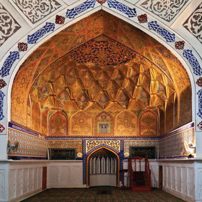 Ornate interior at Bukhara's Bolo Hauz Mosque | Peter Walton