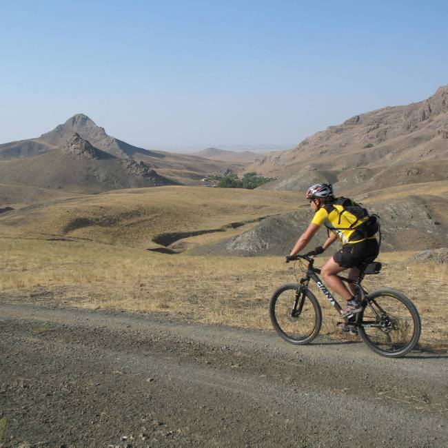 Riding past the impressive Ortacheku Rocks