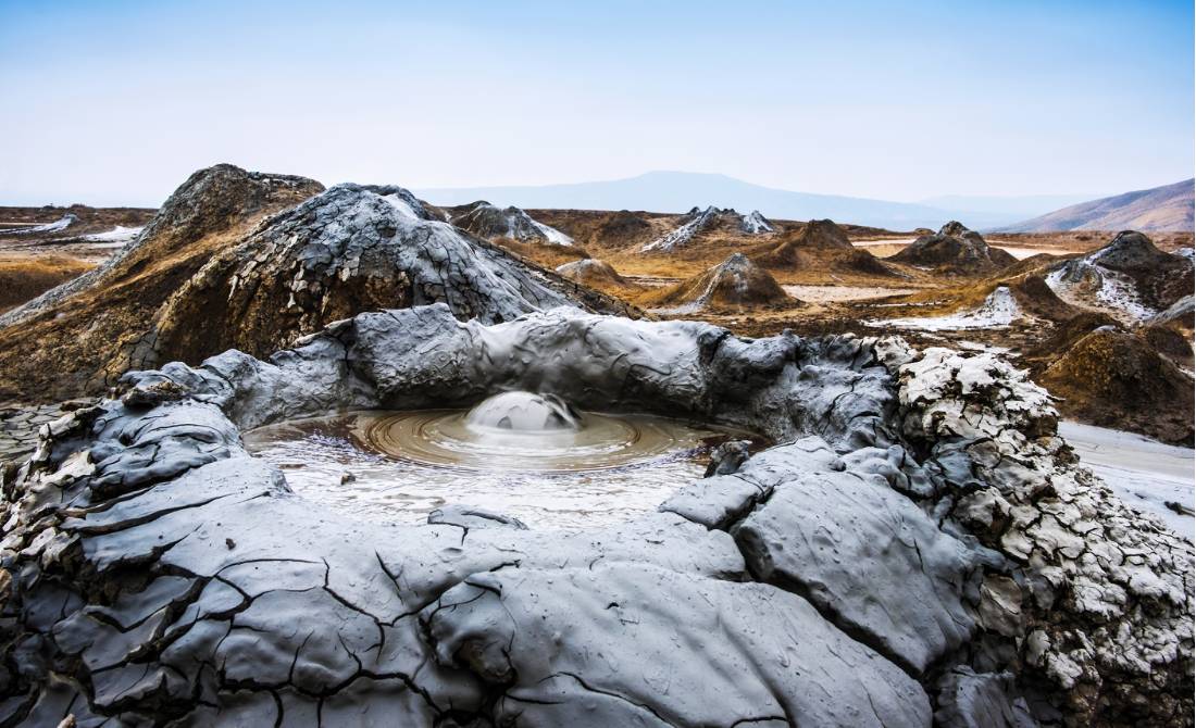Bizarre bubbling mud volcanoes in Gobustan National Park, Azerbaijan.