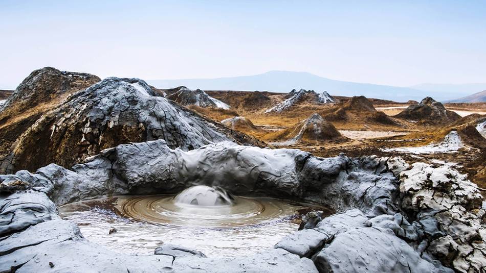 Bizarre bubbling mud volcanoes in Gobustan National Park, Azerbaijan.