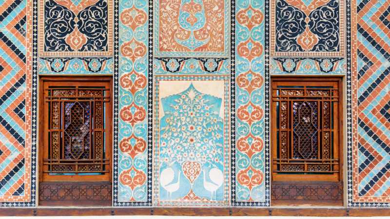 French stained glass, Russian timber, Ottoman ceramics & Iranian mirrorwork decorate the Palace of Shaki Khans, Sheki.