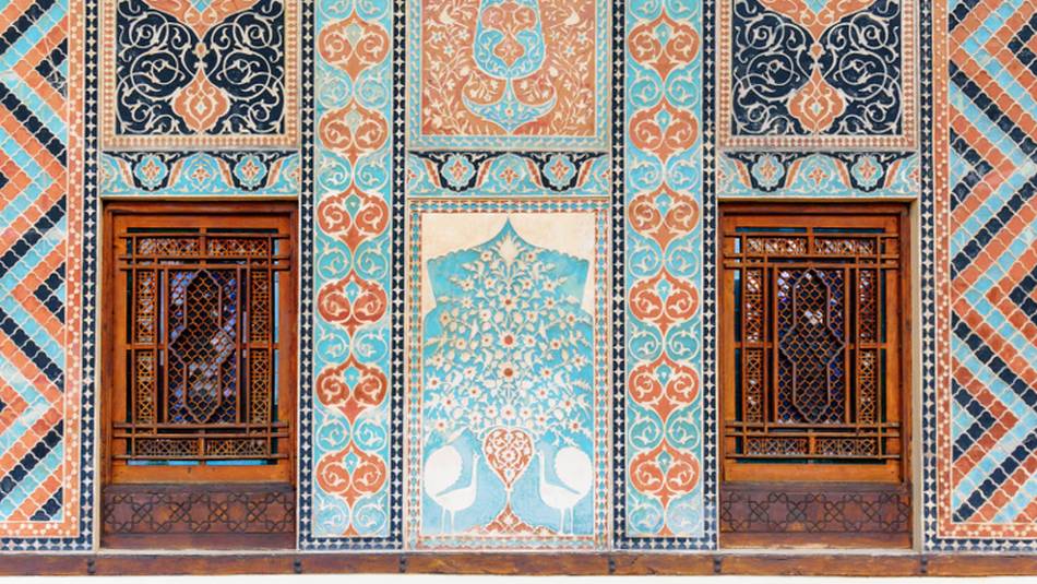 French stained glass, Russian timber, Ottoman ceramics & Iranian mirrorwork decorate the Palace of Shaki Khans, Sheki.