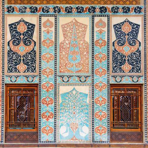 French stained glass, Russian timber, Ottoman ceramics & Iranian mirrorwork decorate the Palace of Shaki Khans, Sheki.