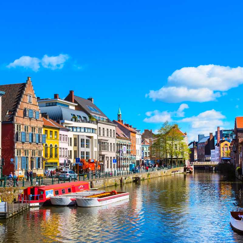 Colourful buildings and boats in Ghent, Belgium