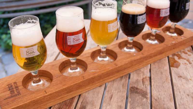 Sampling Czech craft beer flights at a historic Old Town beer garden
