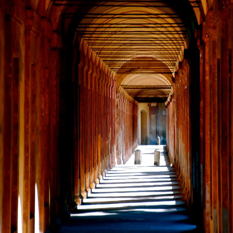 Cultural touring beneath Bologna's covered stone porticoes, Italy