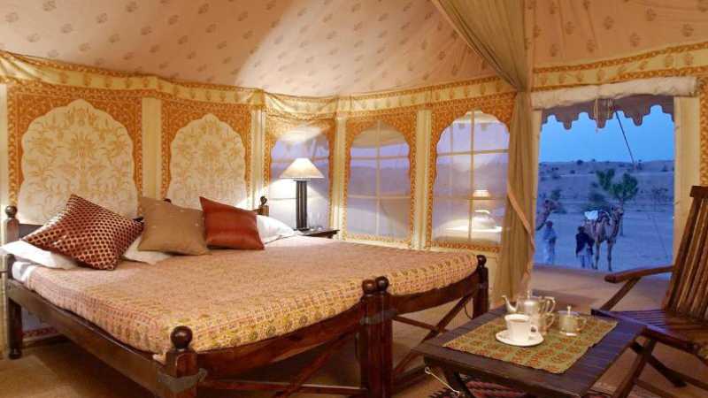 Manvar desert camp tents inside - Songs of Rajasthan and the Ganges with Stuart Davis, India