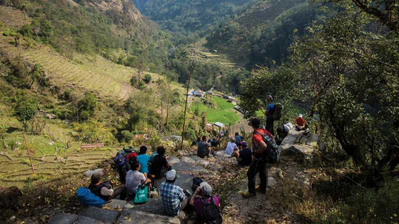 Enjoying a well deserved rest stop on the way up to Gandruk - Annapurna Chitwan, Nepal