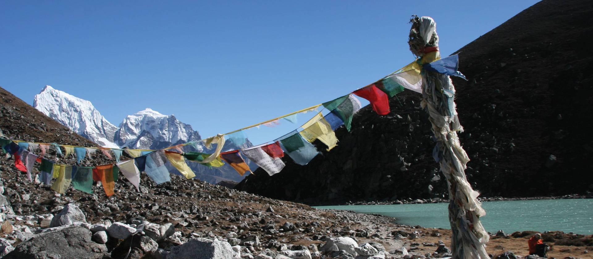 Prayer flags over Gokyo lake in Nepal's Sagarmatha National Park | Keri May