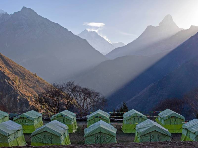 Wake up to Ama Dablam, Lhotse and Nuptse at our Kyangjuma Eco-Comfort Camp | Andrew Bain