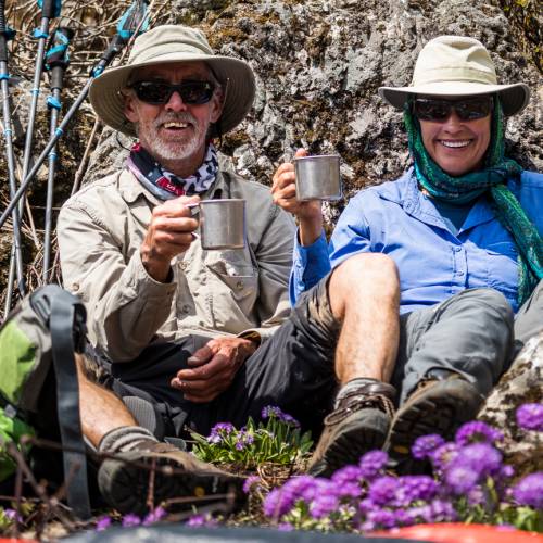 Trekkers taking a drink break on trek.