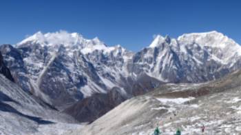 Views across to the Annapurna mountain range from Larkya La Pass