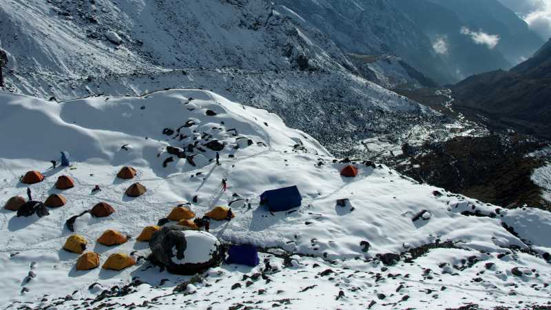 Camp on our Pachermo, Kyajo Ri trip, typical of campsites on mountaineering trips | Tim Macartney-Snape