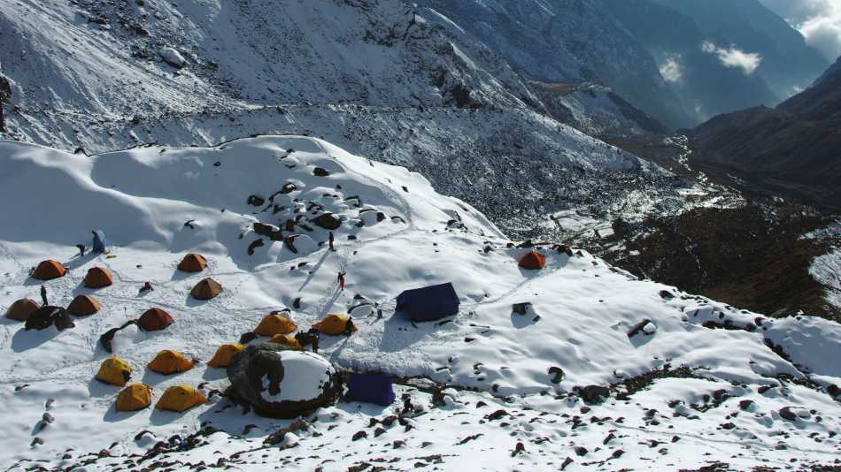 Camp on our Pachermo, Kyajo Ri trip, typical of campsites on mountaineering trips | Tim Macartney-Snape