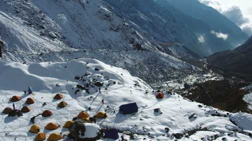 Camp on our Pachermo, Kyajo Ri trip, typical of campsites on mountaineering trips | Tim Macartney-Snape