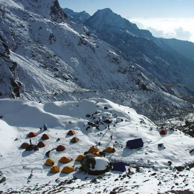Camp on our Pachermo, Kyajo Ri trip, typical of campsites on mountaineering trips | Tim Macartney-Snape