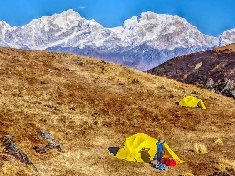 Camped beneath a sunset-lit Manaslu and Harka Gurung Himal | Tim Macartney-Snape