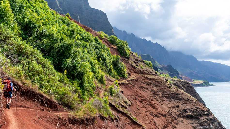 Hiker on the Kalalau Trail in Kauai, Hawaii